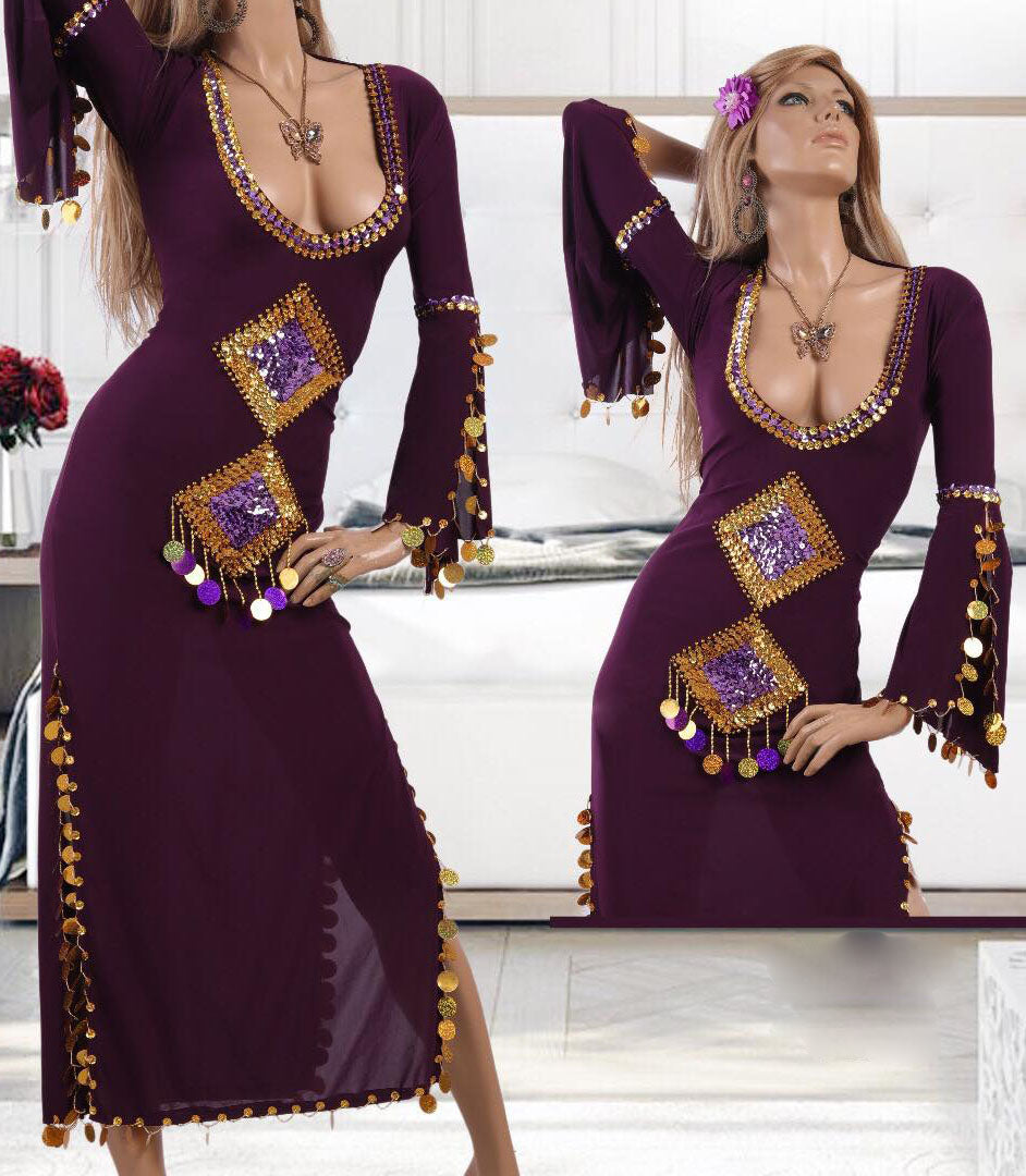 Elegant Royal Purple Belly dance dress/ Handmade embellished authentic Egyptian dance Costume