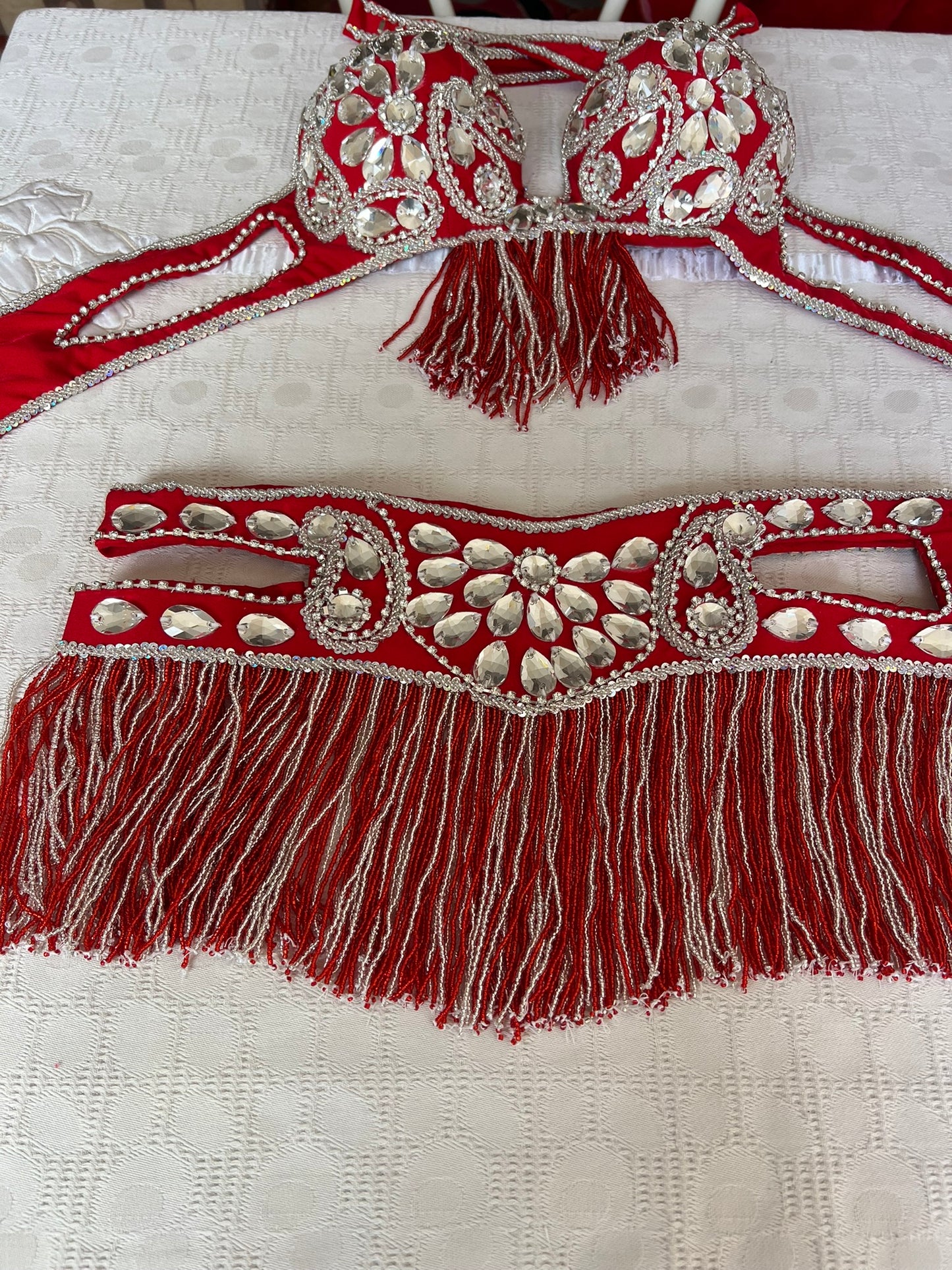 Professional Egyptian Belly Dance Belt and Bra, Hot Red Custom-made Embellished hips belt with matching bra, Luxury Dance Costume Set