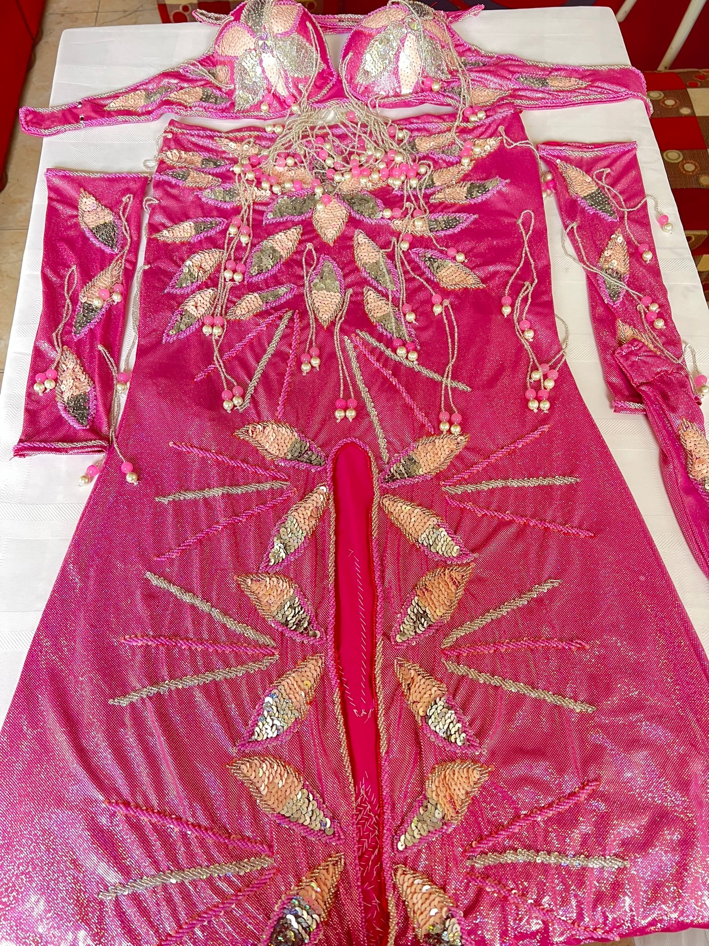 Authentic Egyptian Professional Belly dance costume / Hot shiny pink Handmade embellished belly dancer skirt and bra outfit/ Made to order dancing ensemble