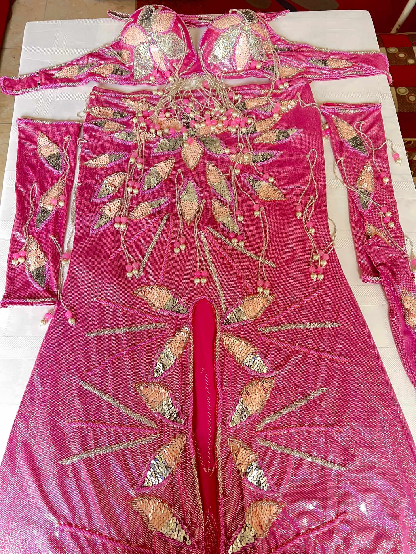 Authentic Egyptian Professional Belly dance costume / Hot shiny pink Handmade embellished belly dancer skirt and bra outfit/ Made to order dancing ensemble