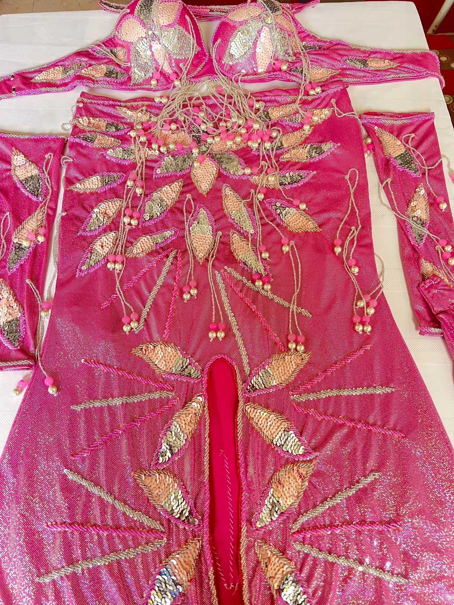 Authentic Egyptian Professional Belly dance costume / Hot shiny pink Handmade embellished belly dancer skirt and bra outfit/ Made to order dancing ensemble