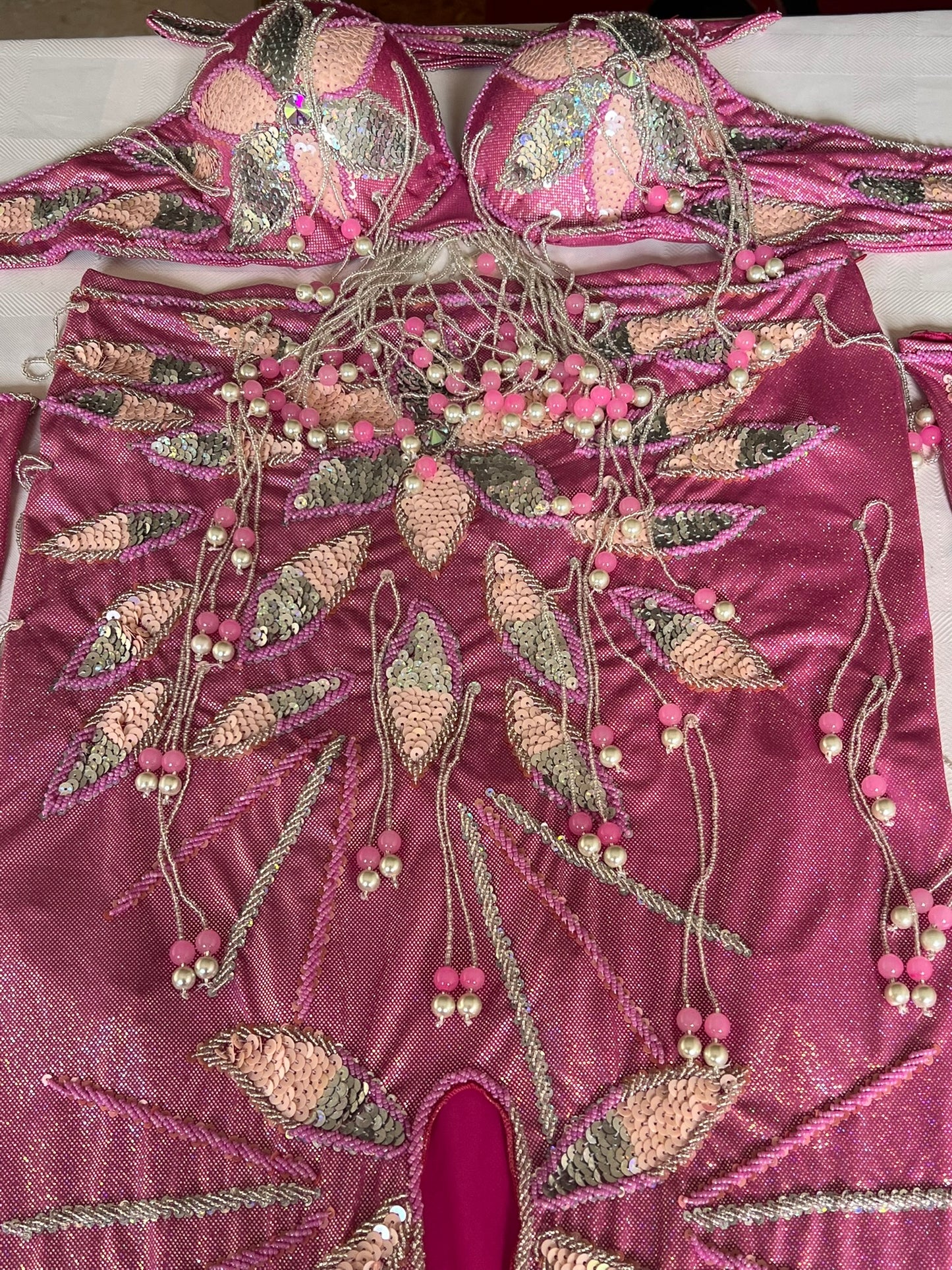 Authentic Egyptian Professional Belly dance costume / Hot shiny pink Handmade embellished belly dancer skirt and bra outfit/ Made to order dancing ensemble