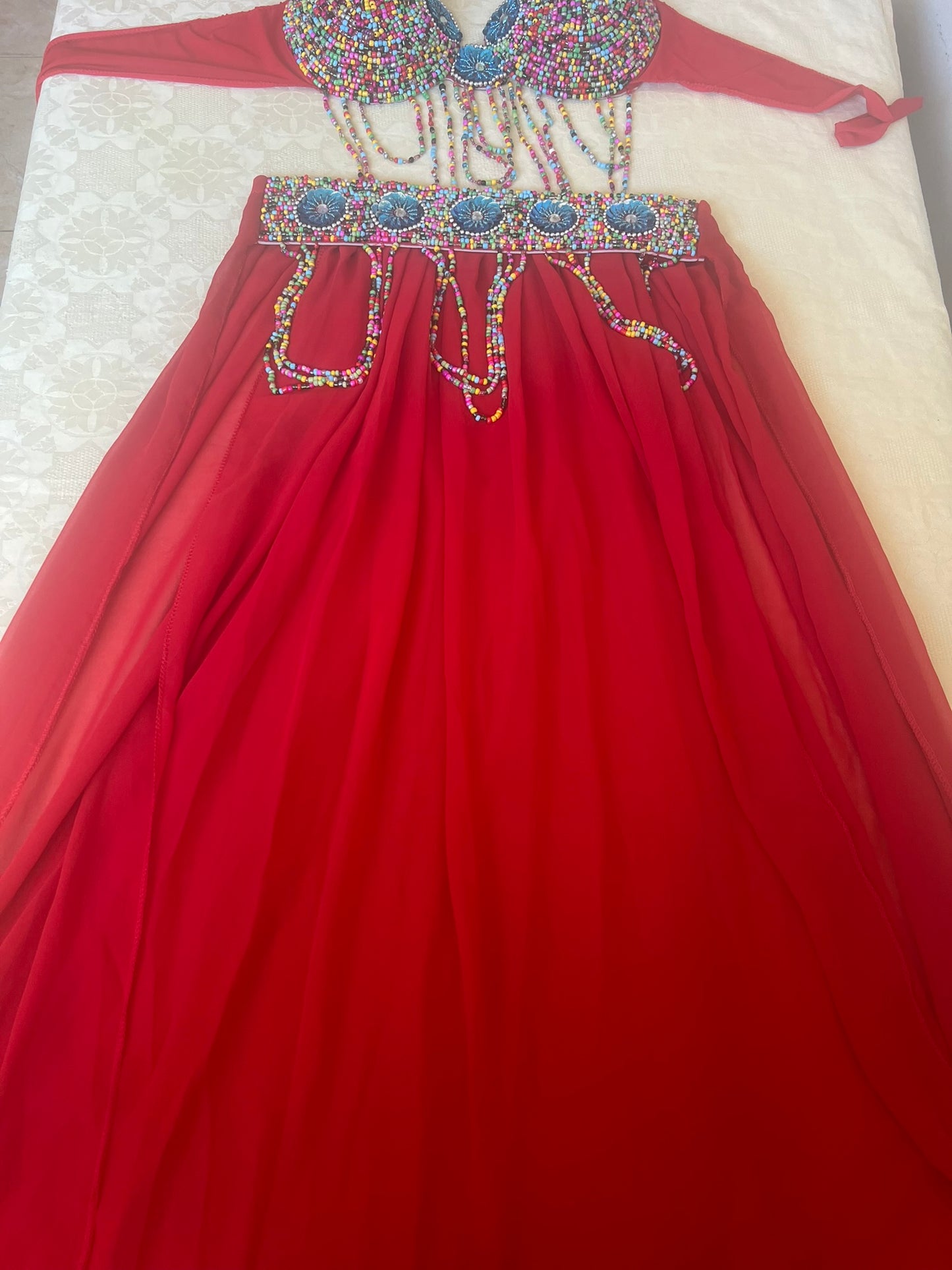 Egyptian Sexy Red belly dance costume, handmade M OR L outfit, belt, skirt, bra بدلة رقص شرقى