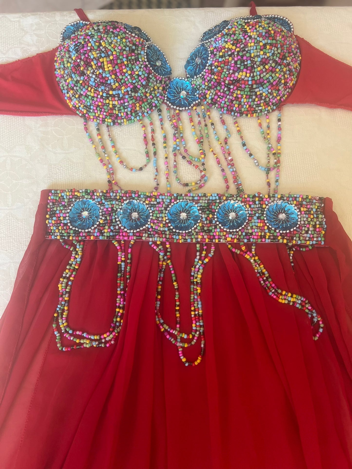 Egyptian Sexy Red belly dance costume, handmade M OR L outfit, belt, skirt, bra بدلة رقص شرقى