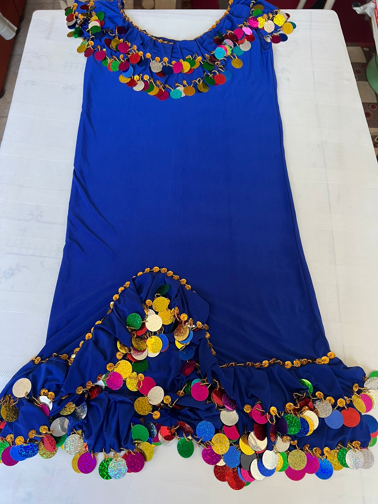 Vibrant Royal Blue Belly Dance Dress/ Handmade embellished belly dance Melaya dress sequined with multi colours large sequins