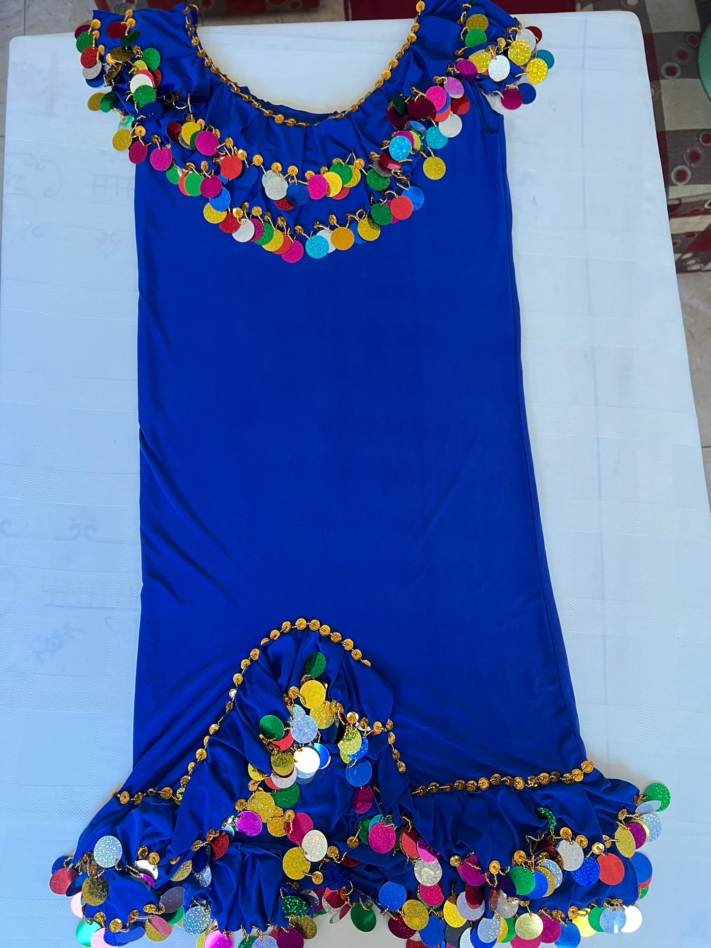 Vibrant Royal Blue Belly Dance Dress/ Handmade embellished belly dance Melaya dress sequined with multi colours large sequins