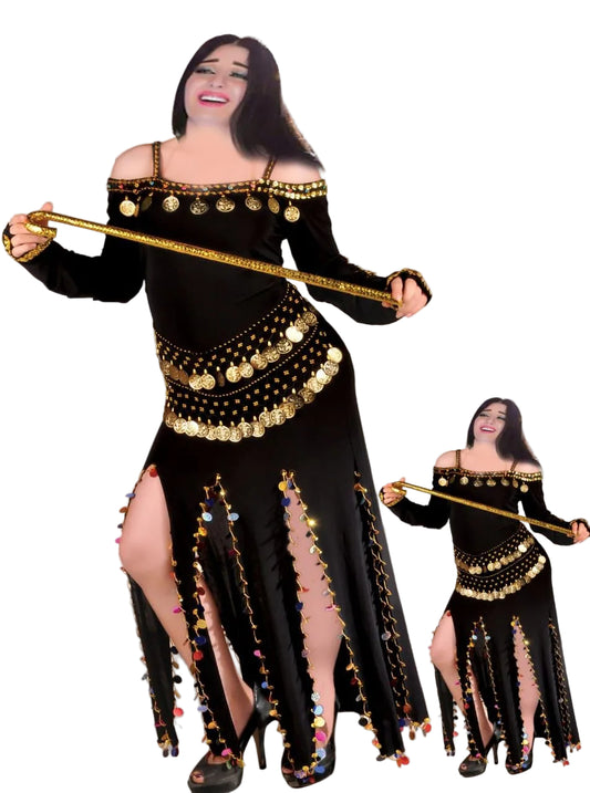 Woman in a black and gold belly dance costume with a sword on a white background