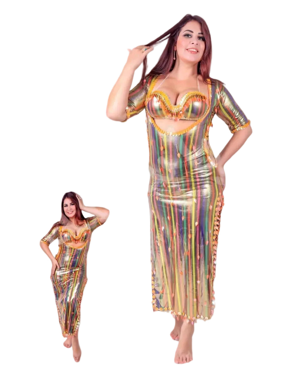 Woman wearing a colorful dress with a white background