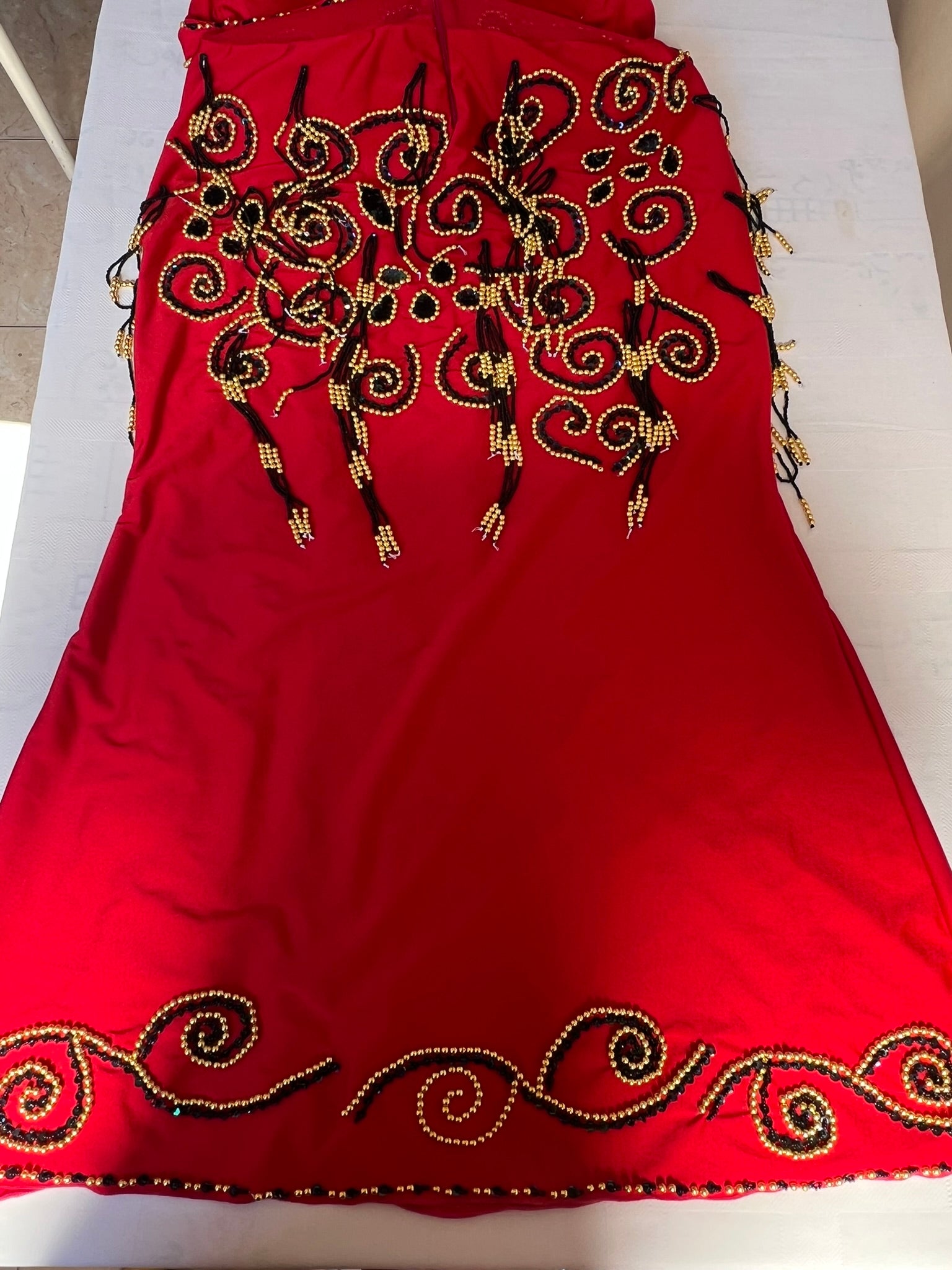 Vibrant Red Egyptian professional belly dance dress oriental dance outfit with arm pieces & head pieces handmade Embellished made to order.