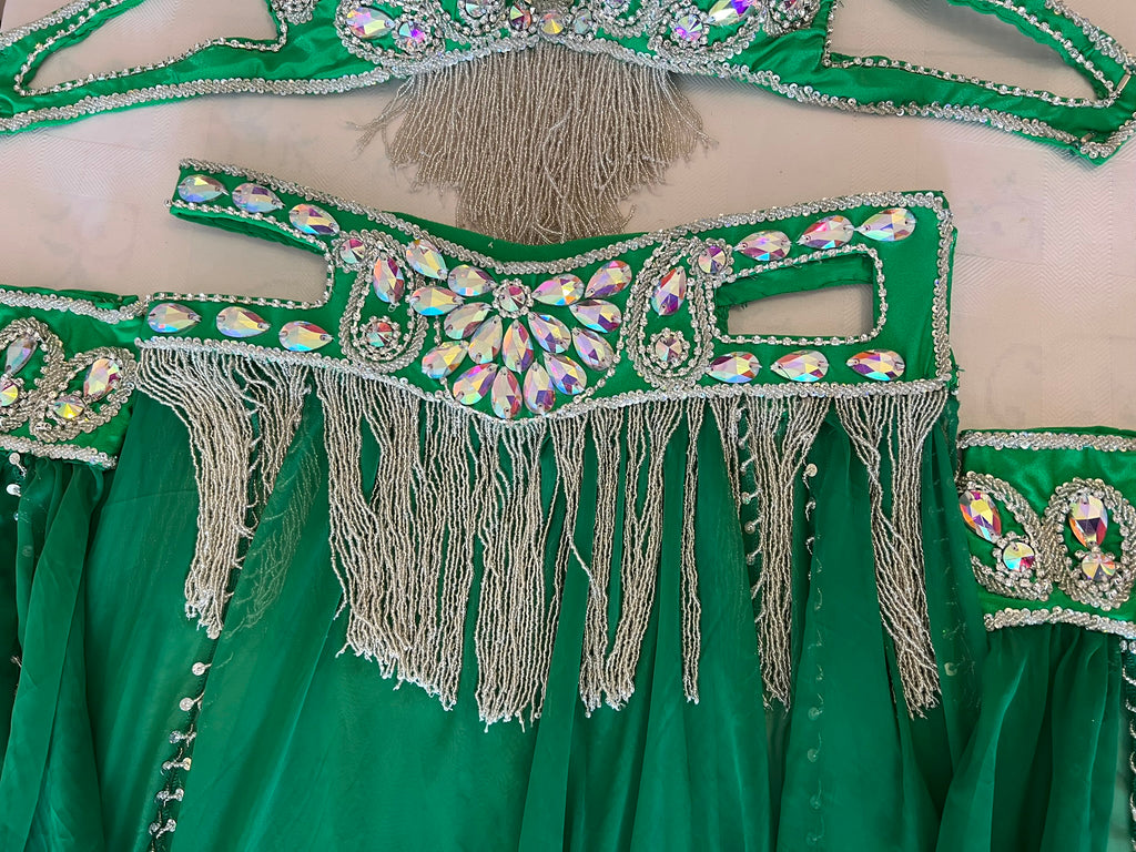 Green embroidered garment with silver fringes and embellishments on a beige background