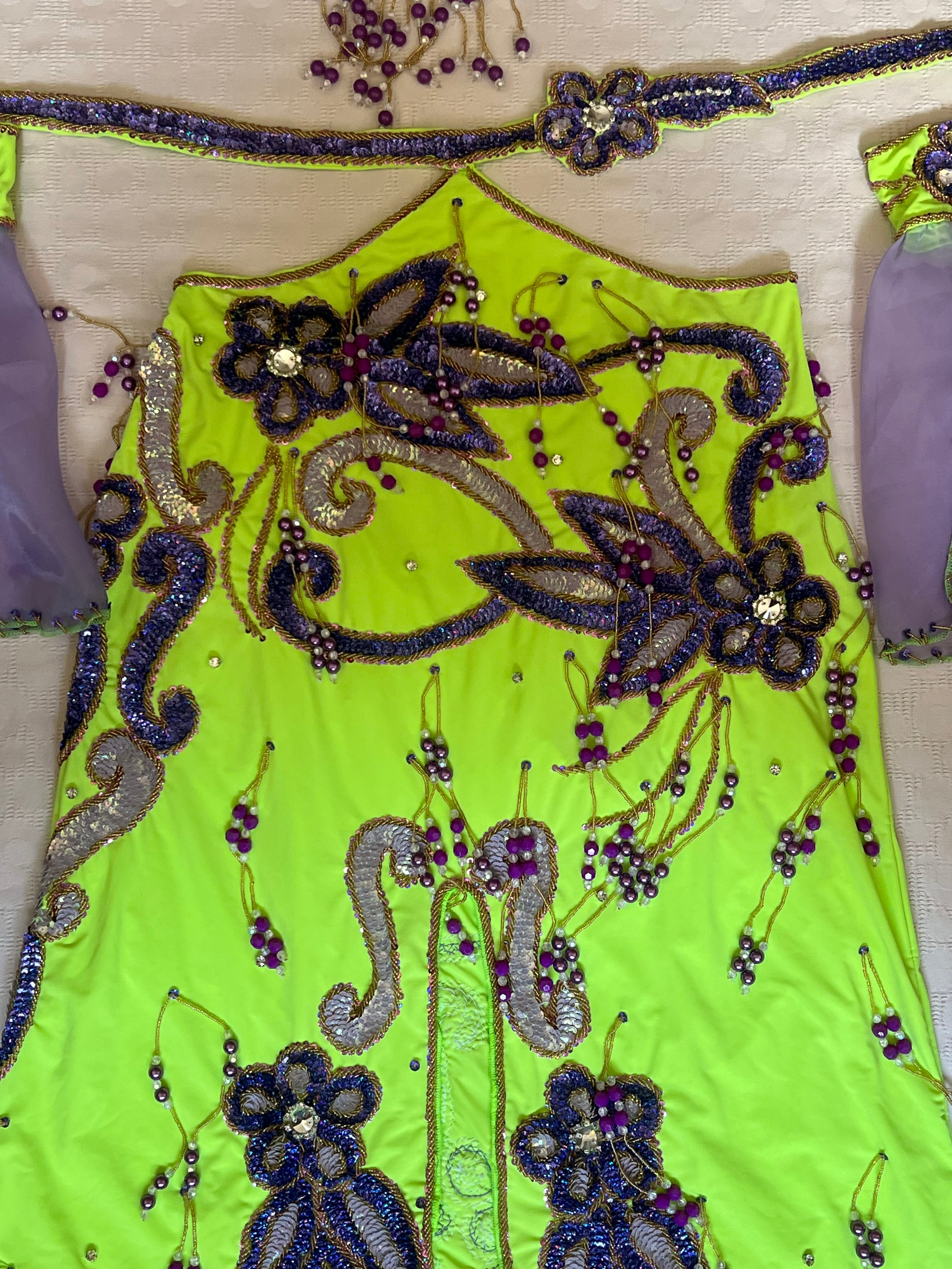 Authentic Egyptian belly dance costume/ Bright lime green with purple sequins