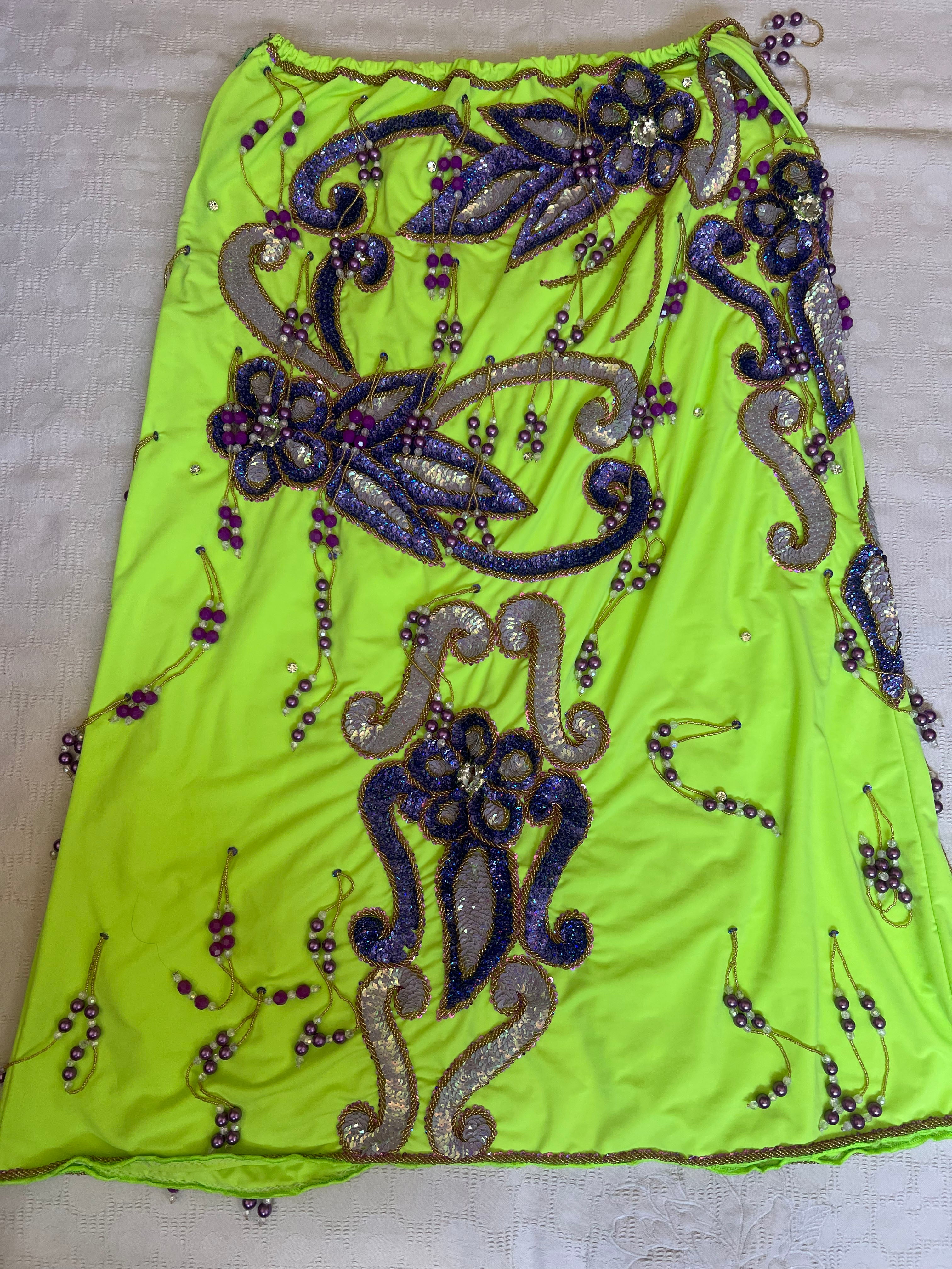 Authentic Egyptian belly dance costume/ Bright lime green with purple sequins