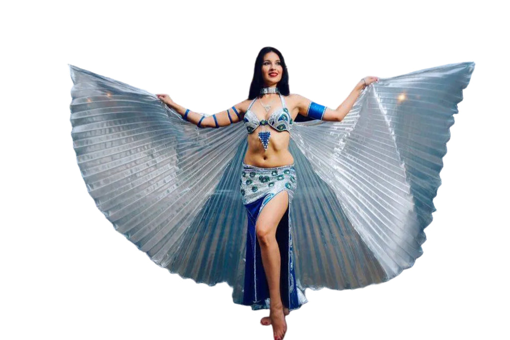 Dancer with a large, translucent wingspan costume on a white background