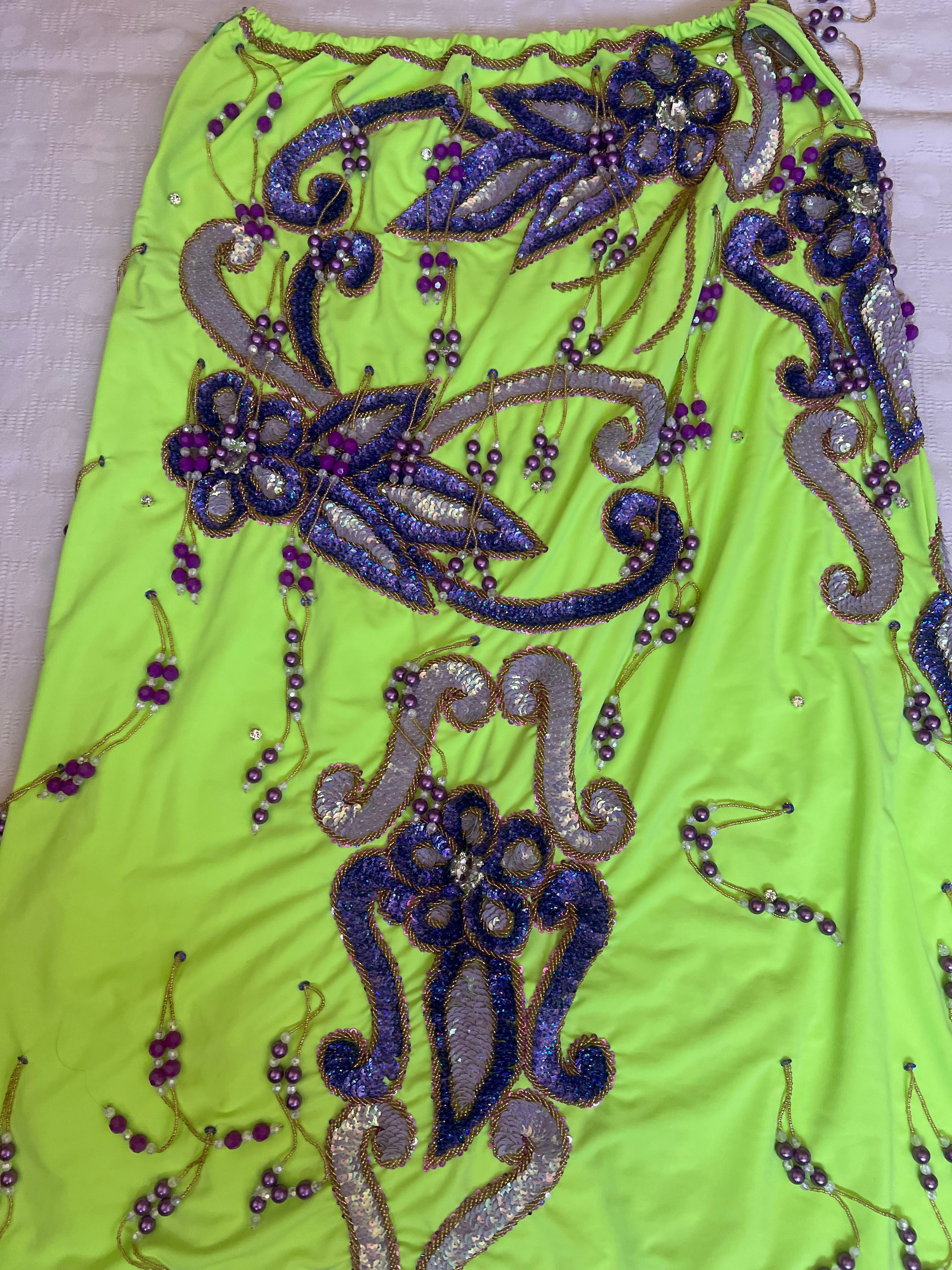 Authentic Egyptian belly dance costume/ Bright lime green with purple sequins