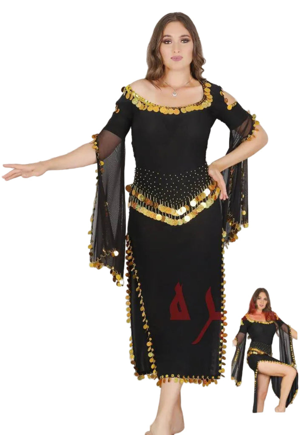 Woman wearing a black and gold costume with a red design on a white background