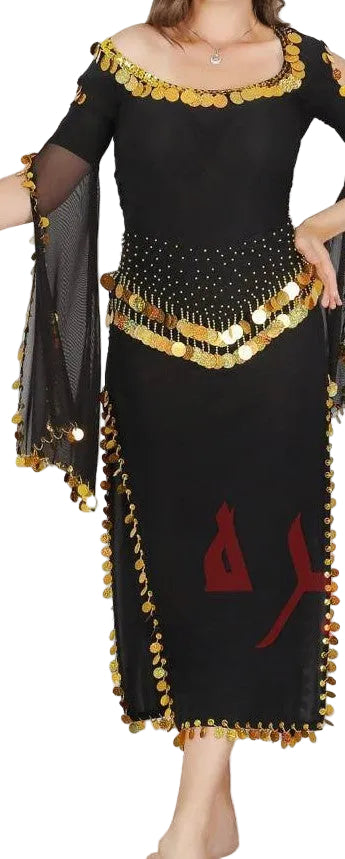 Black Belly dance dress with gold embellishments and red design on a white background