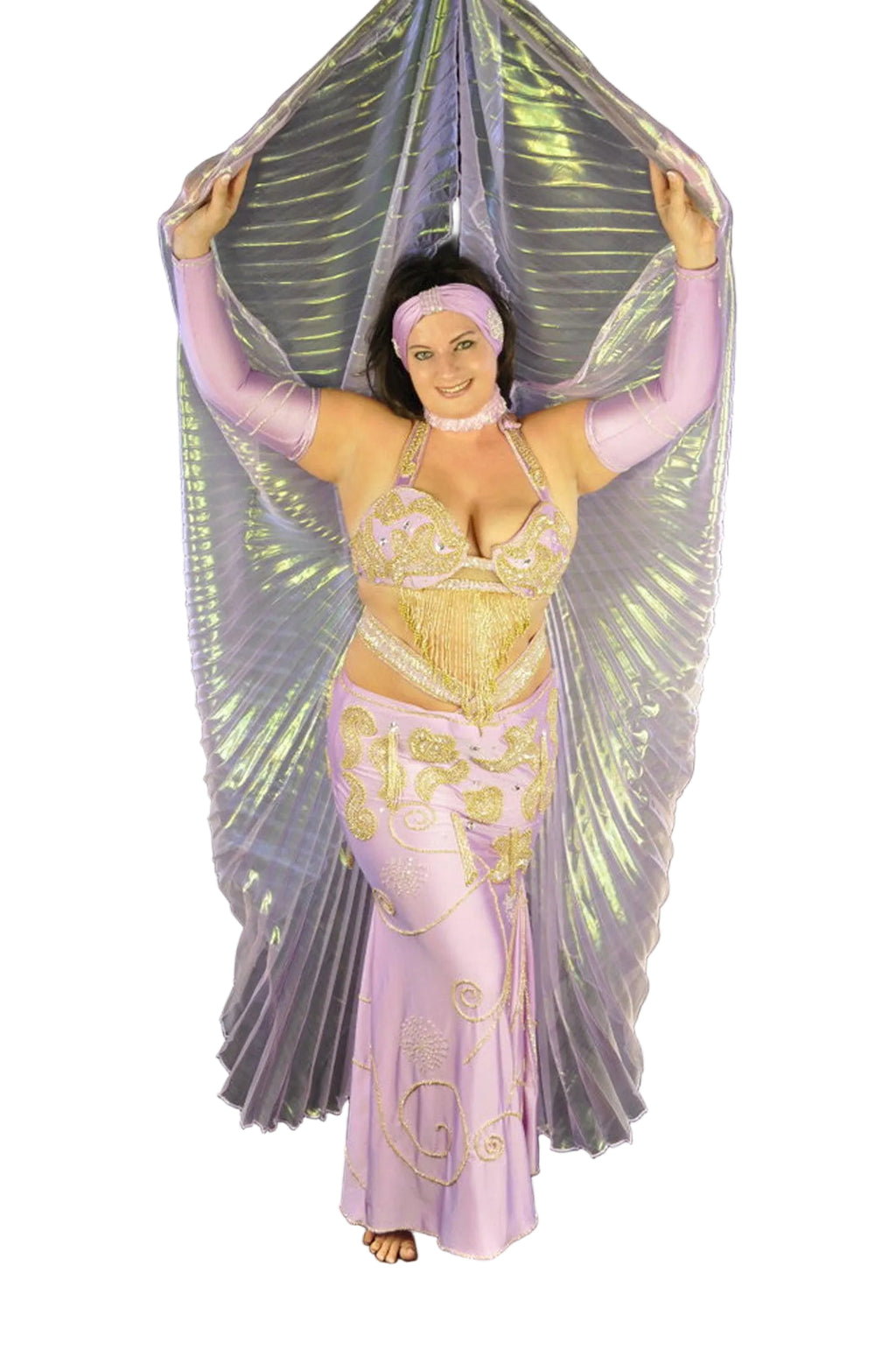 Person in a costume with a sheer overlay against a black background