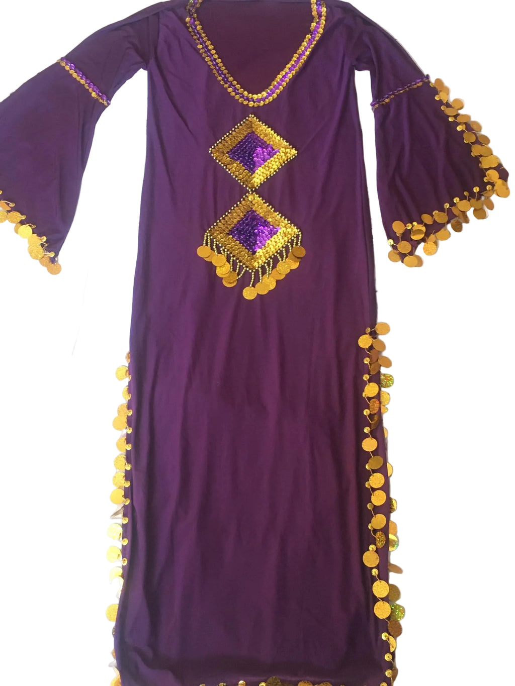 Purple dress with yellow embellishments on a floral-patterned fabric background