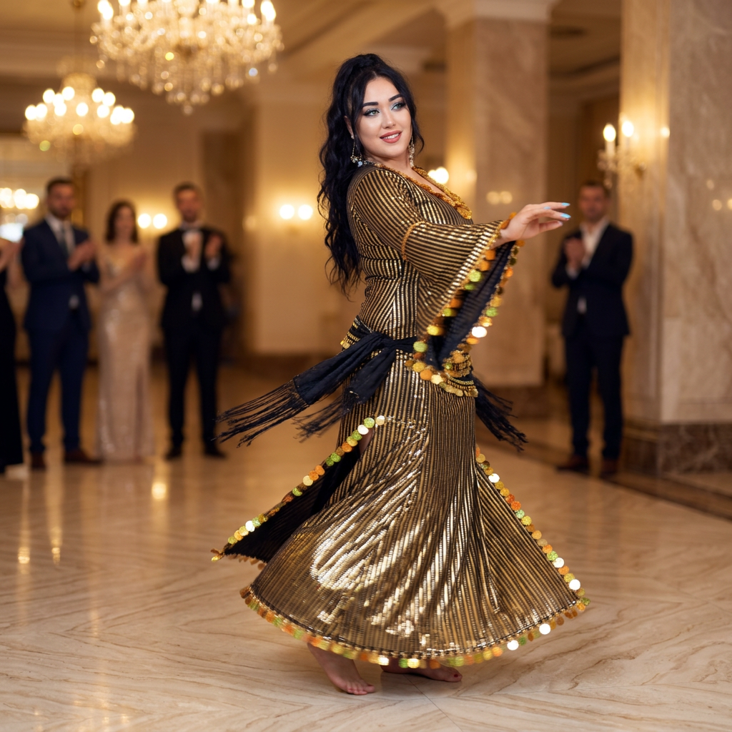 Woman in a sparkling gold dress with black fringes dancing in an elegant hall.