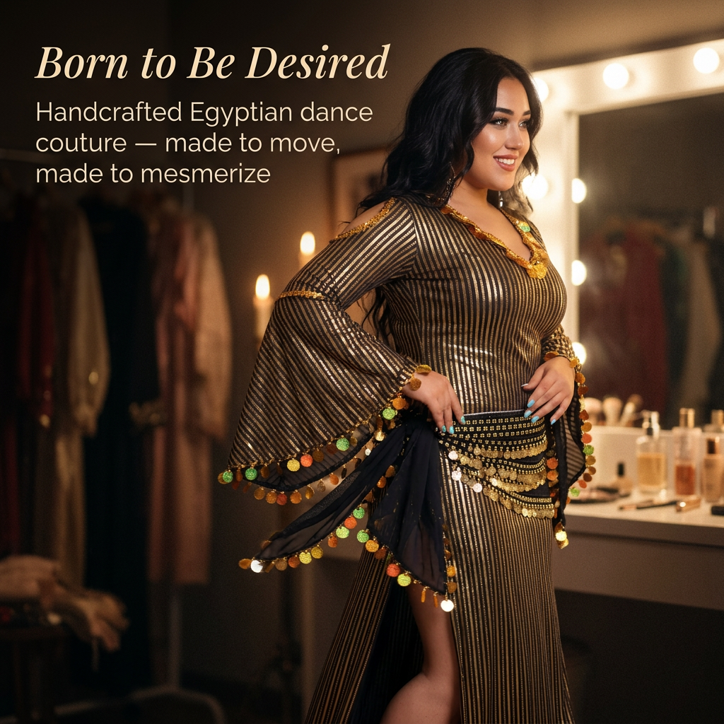 Woman in a handcrafted Egyptian dance costume with text 'Born to Be Desired' in a dressing room setting.