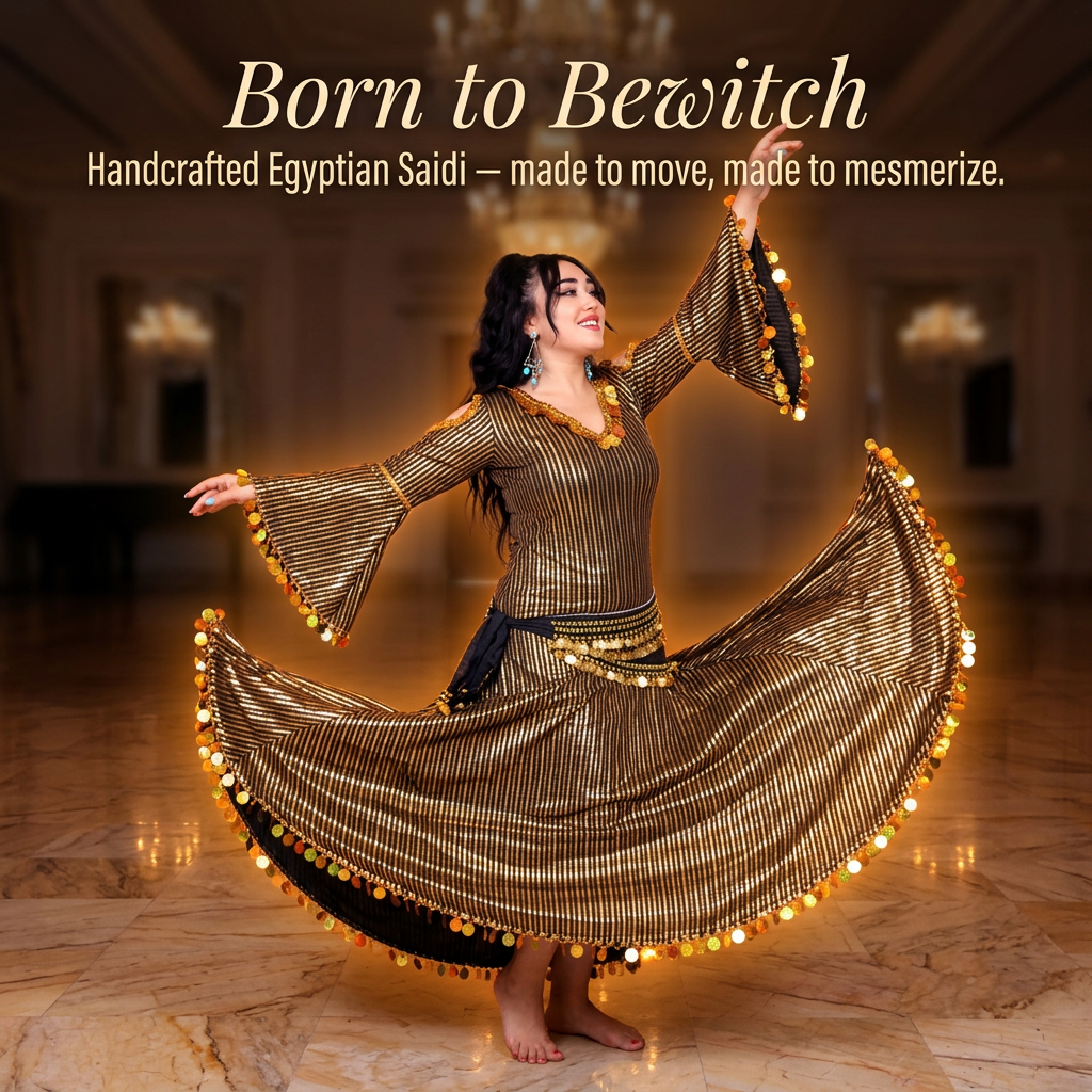 Woman in a handcrafted Egyptian Saidi dress with decorative elements, set against a warm-toned indoor background.
