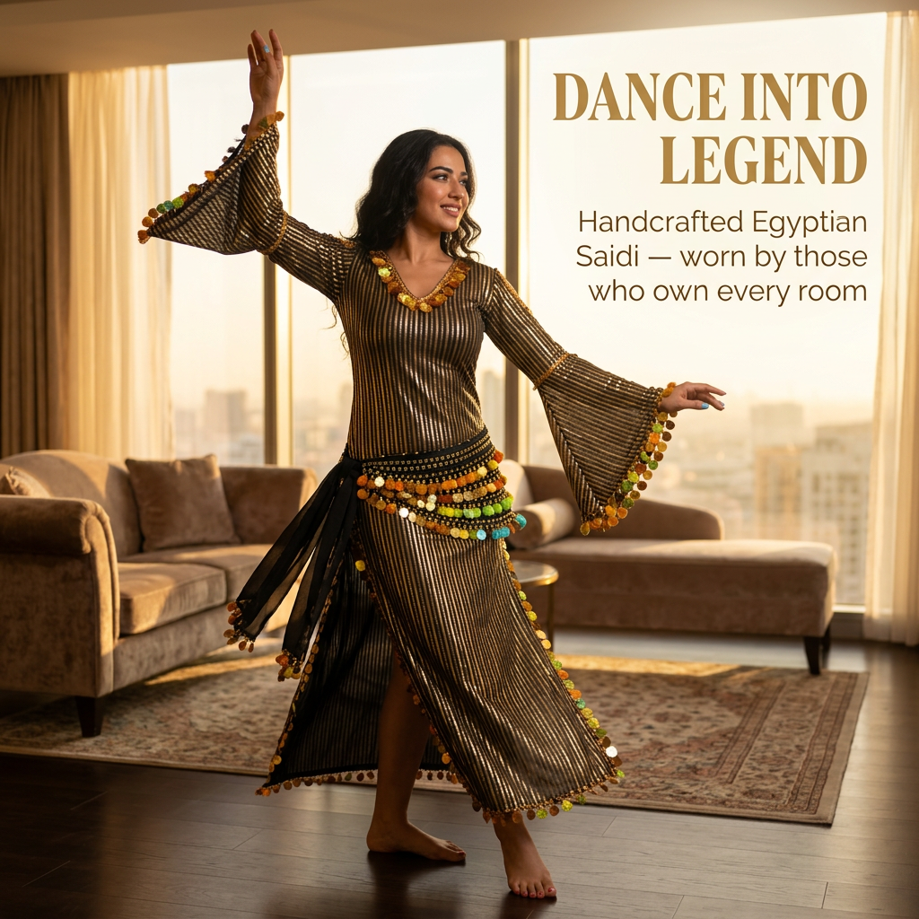 Woman in a traditional Egyptian dress dancing in a modern living room with text overlay.