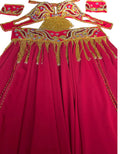 A professional belly dance costume set in wine red, including a skirt, belt, and bra, adorned with gold and multicolored beads, sequins, and rhinestones.