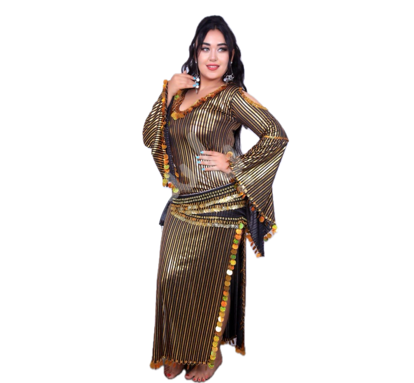 Saidi belly dance Galabia, Handmade belly dance dress with dancing hip scarf جلابية رقص شرقى صعيدى