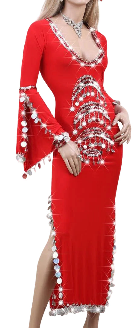 Red evening gown with white embellishments on a plain background