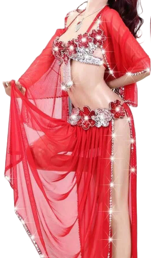 A red belly dance costume with silver embellishments, including a bra and belt with attached skirt, and a small tulle scarf for shoulder.