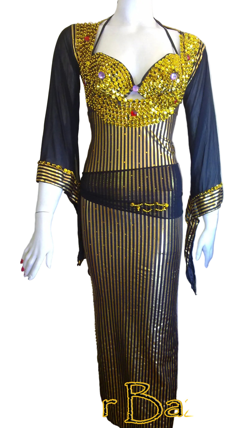Mannequin wearing a black and gold dress with sequin embellishments on a white background.