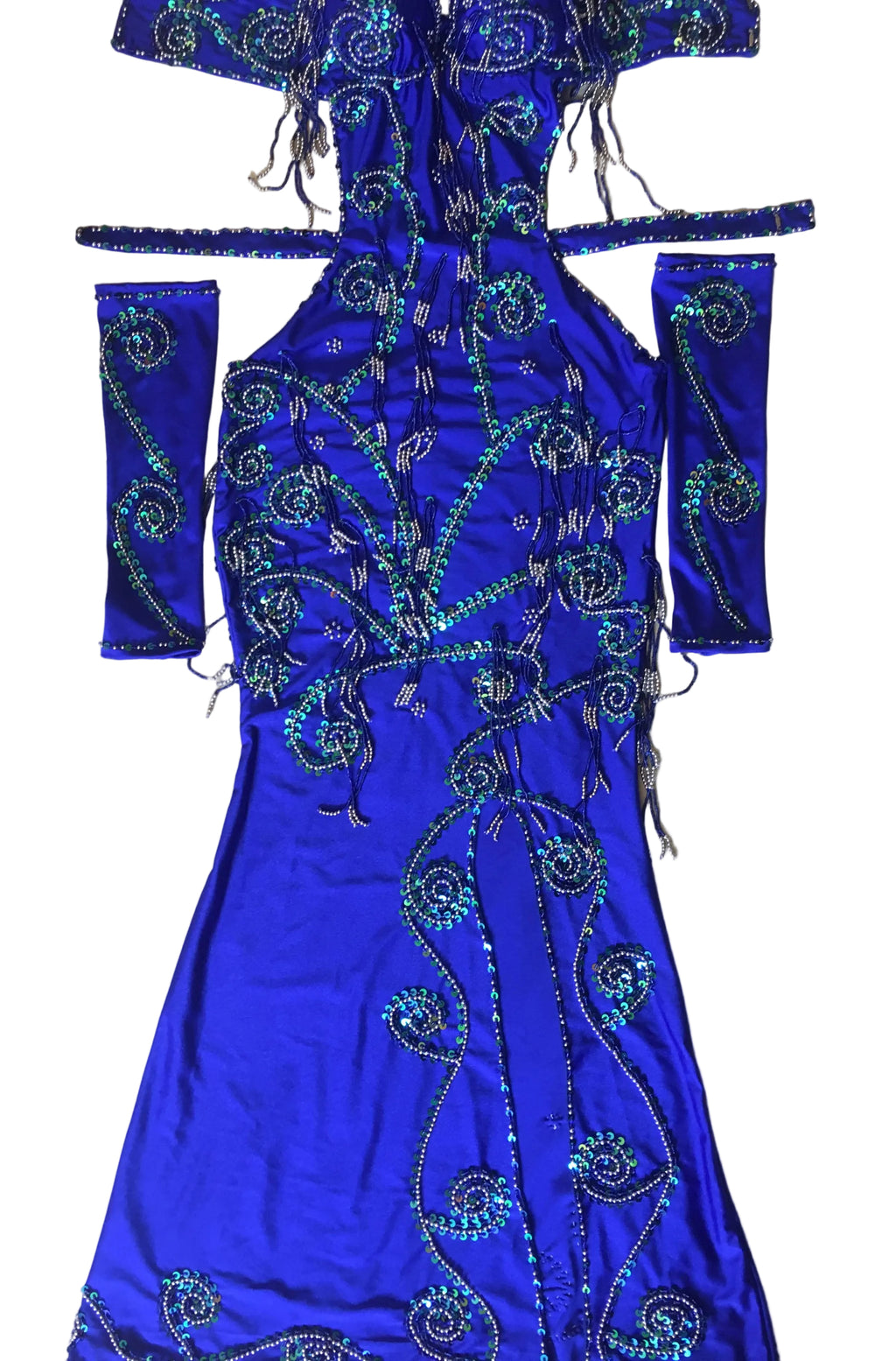 A custom-made blue belly dance costume with intricate white and blue beadwork, including a dress, two sleeves, and a headband.
