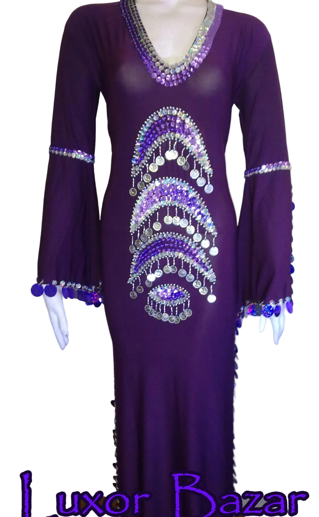 Purple dress with decorative elements on a white background, featuring the brand 'Luxor Bazar'.