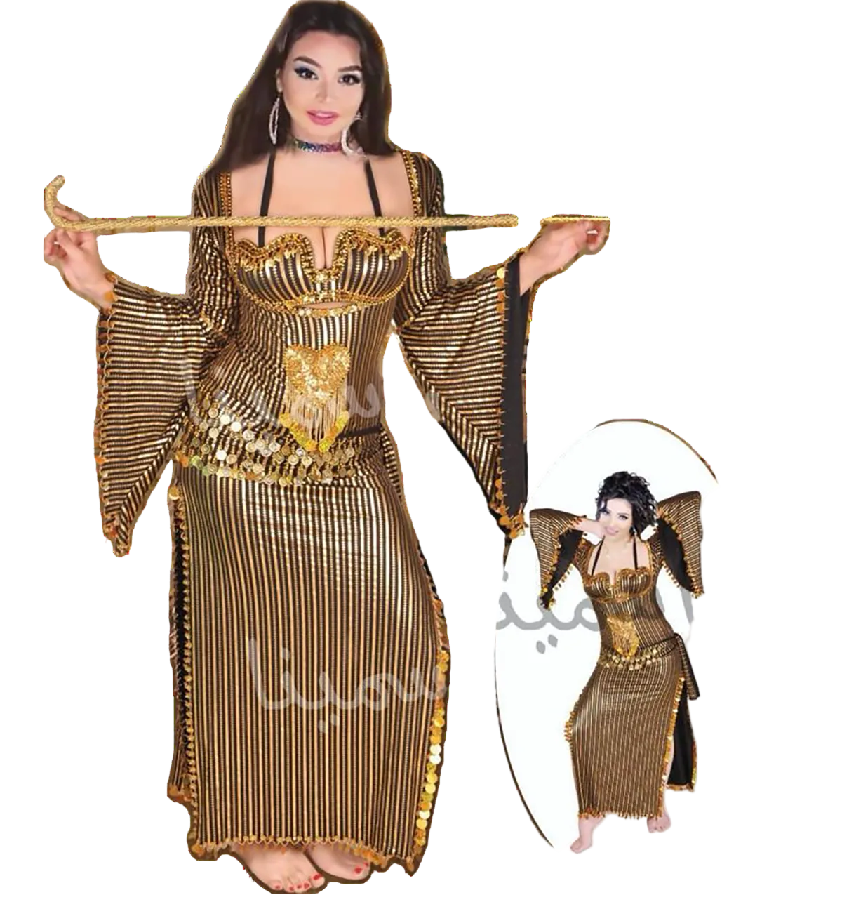 Woman wearing a gold and black costume with a bow, on a white background.