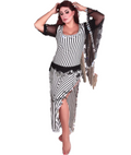 A woman modeling a striped belly dance dress with long sleeves and a hip scarf. The dress features multicolored stripes with embellishments.