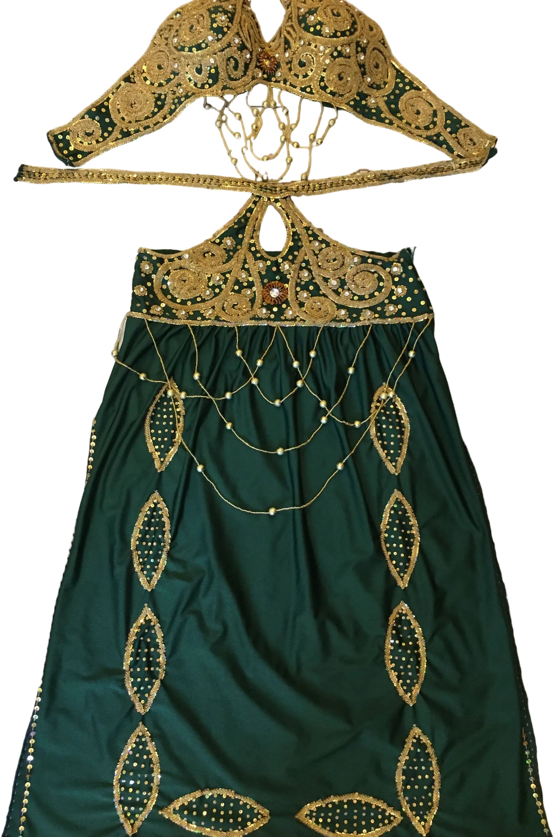 Green dress with gold embroidery on a floral-patterned fabric background