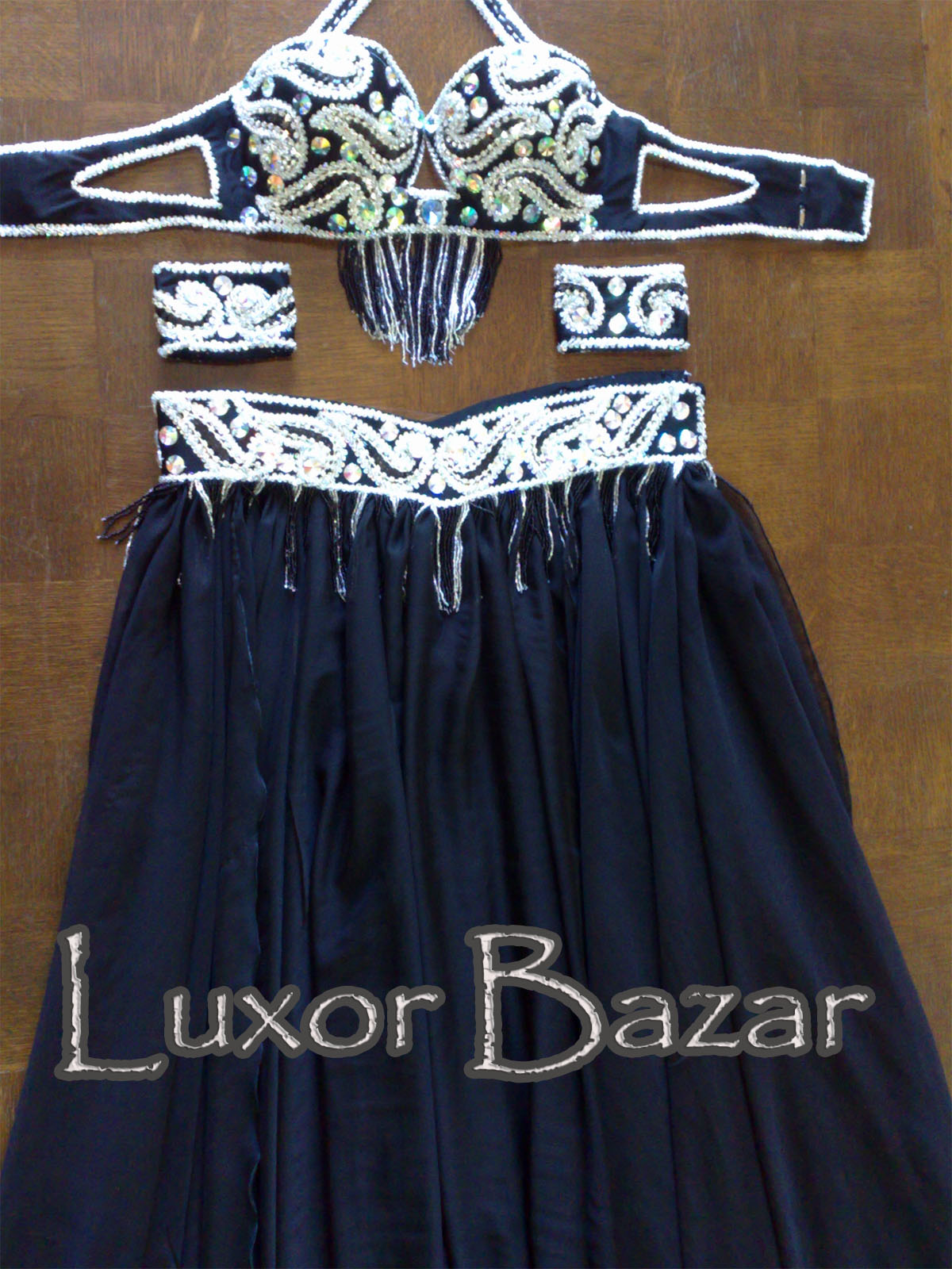 Professional Belly Dance Costume, Egyptian Custom-Made Belly dancer outfit, Belly dance bra, belt, chiffon skirt and arm pieces.