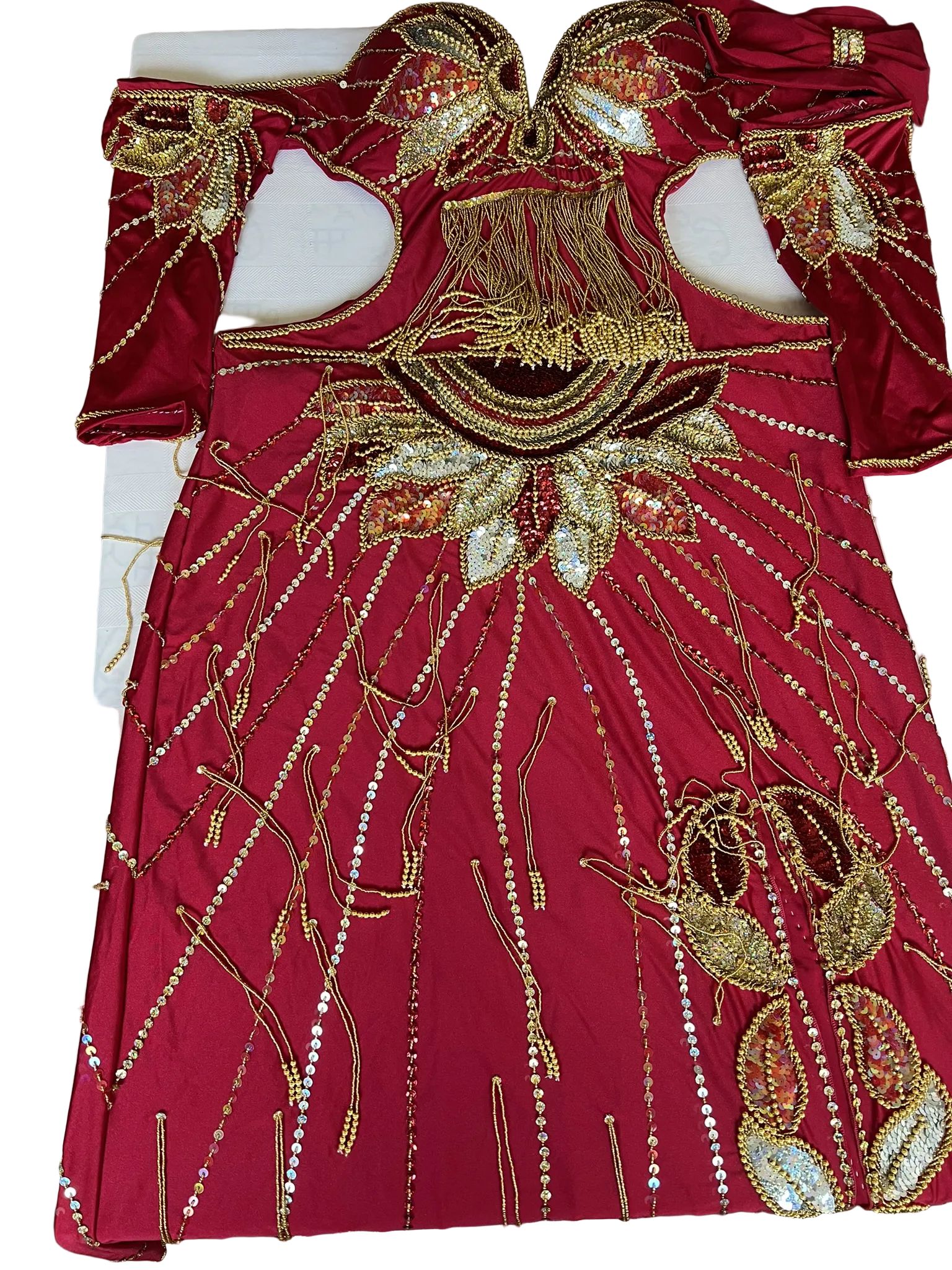 Red dress with gold embroidery on a white background