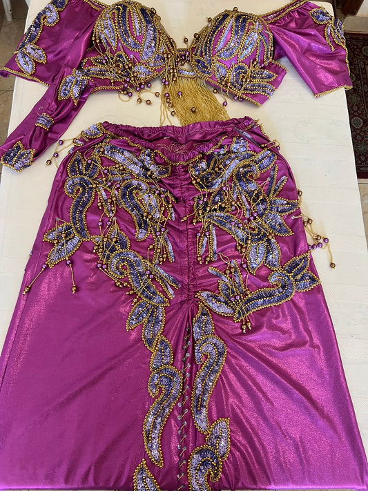 Shiny Vibrant Purple Professional Belly dance costume with short sleeves/ Handmade embellished dancing skirt and top ensemble