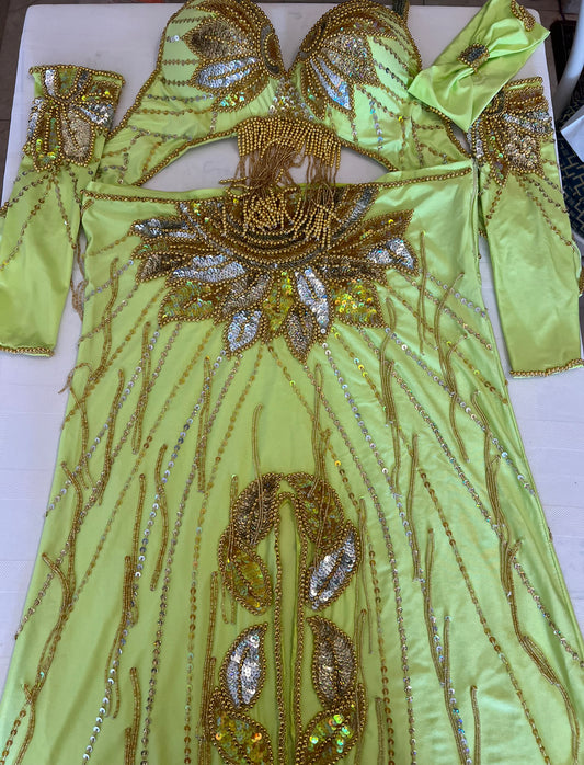 Vibrant Lime yellow Professional belly dance costume/ Colourful sequined authentic Egyptian dance skirt and bra outfit