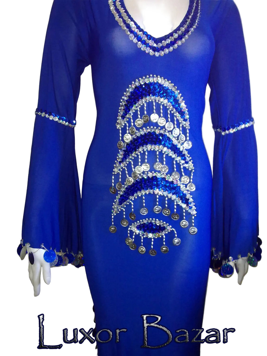 Blue dress with intricate beadwork on a mannequin against a plain background, branded 'Luxor Bazar'.