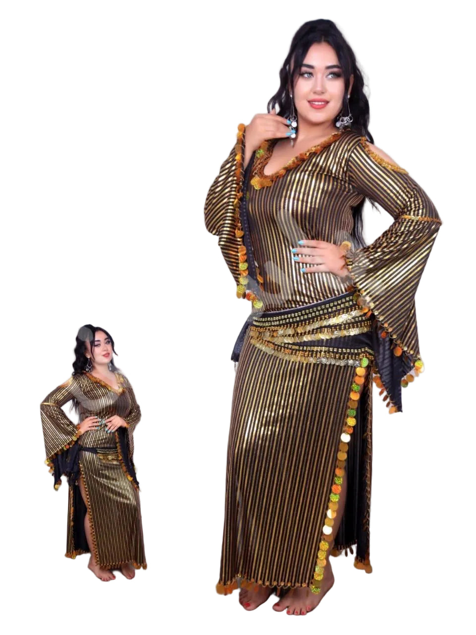 Black/Gold Saidi belly dance dress Galabia with matching hip scarf/ Handmade dancing Outfit