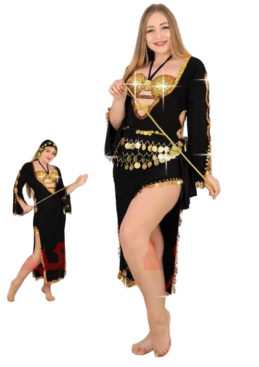 Woman wearing a black and gold costume with a long staff, posing against a white background.