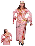 A model wearing an Egyptian belly dance costume with red and white stripes, including a headpiece and accessories. The main image shows the costume on a model, while inset photos show the costume from different angles and a close-up of the fabric.