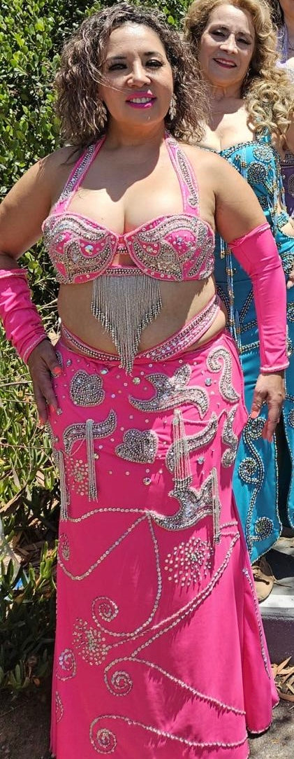 Hot Pink Egyptian Belly Dance Costume, Custom-Made belly dance Dress, Handmade embellished oriental outfit, Tribal dance skirt & Bra, Gypsy dance