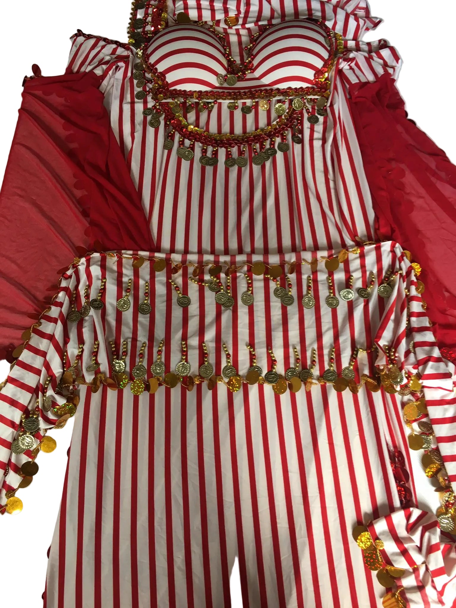 Stunning White‑Red Belly Dance Dress Set – Handmade Beaded Costume with Bra & Hip Scarf