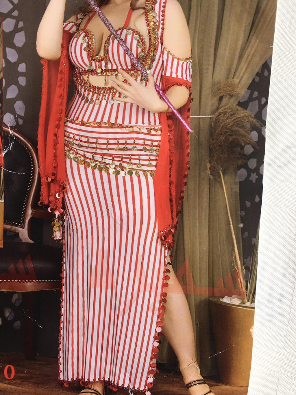 Stunning White‑Red Belly Dance Dress Set – Handmade Beaded Costume with Bra & Hip Scarf