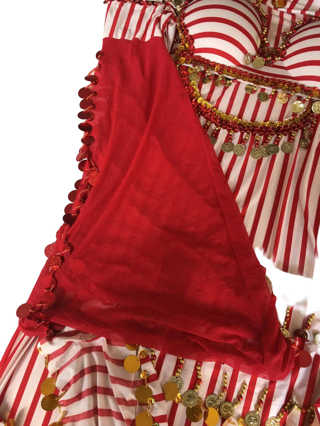 Stunning White‑Red Belly Dance Dress Set – Handmade Beaded Costume with Bra & Hip Scarf