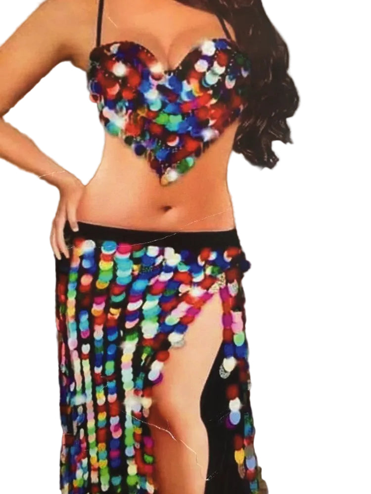 Colorful heart-shaped top and skirt set on a white background