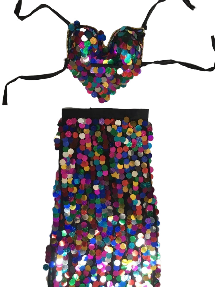 Multicolored sequin top and skirt set on a white background